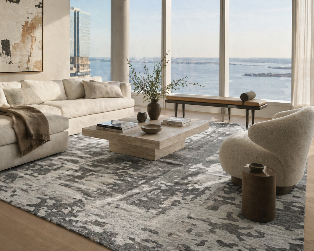 Handmade area rug in a Modern living room with large windows, gray rug, and neutral furniture.
