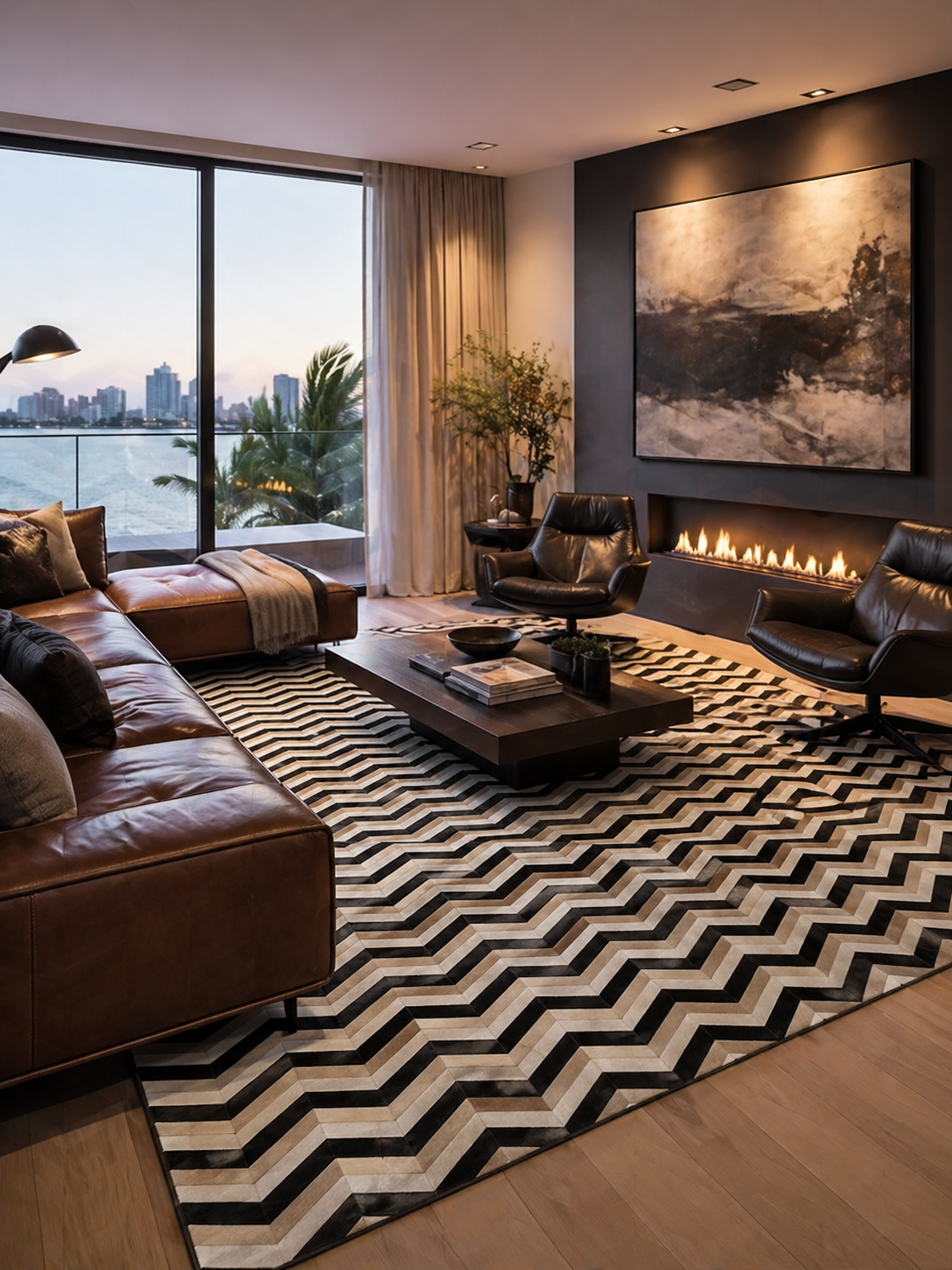 Modern living room with a chevron patterned rug, leather sofa, and fireplace.